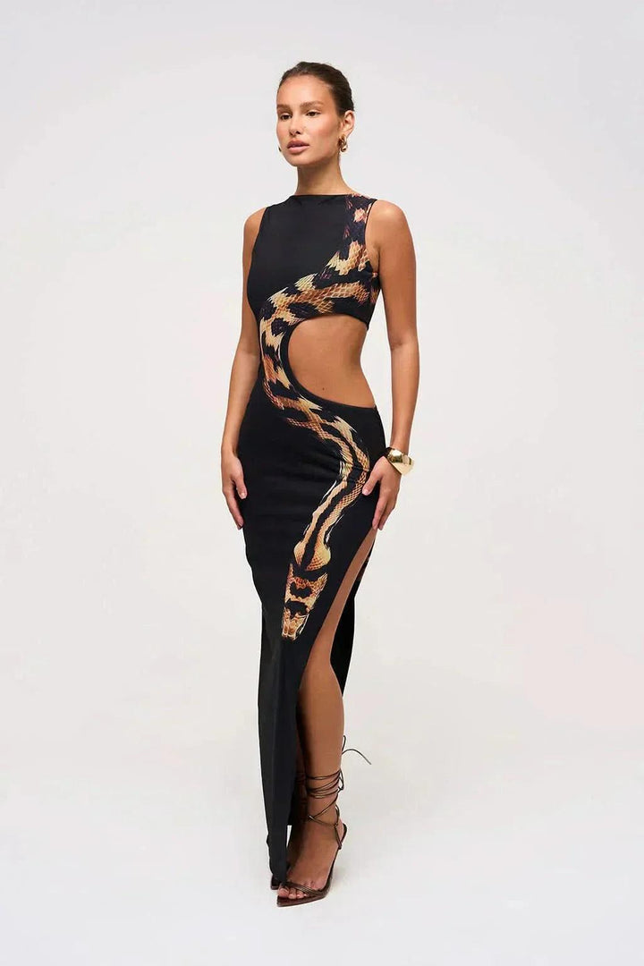 Women's Cocktail Snake Print Cutout Maxi Dress