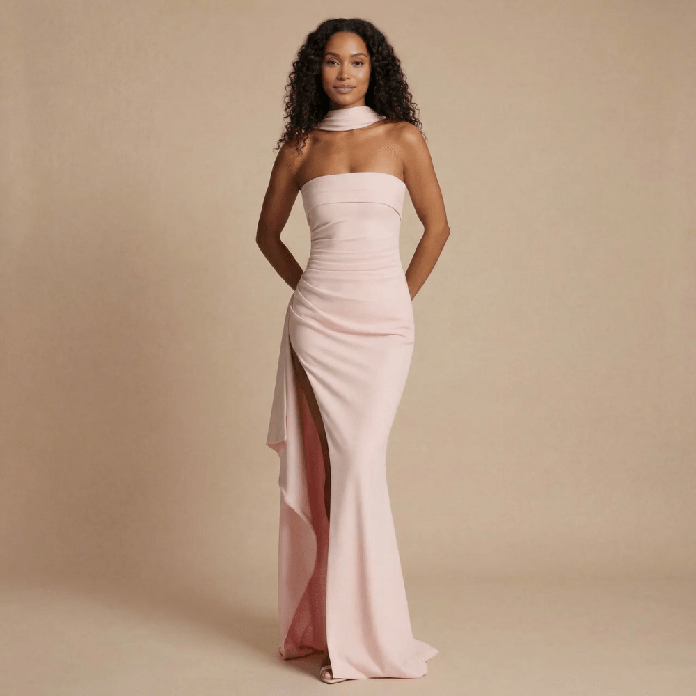 Women's Formal Strapless Ruched Thigh Split Maxi Dress