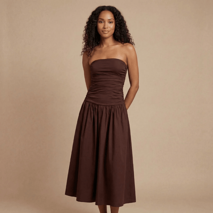 Women's Wedding Guest Strapless Ruched Maxi Dress