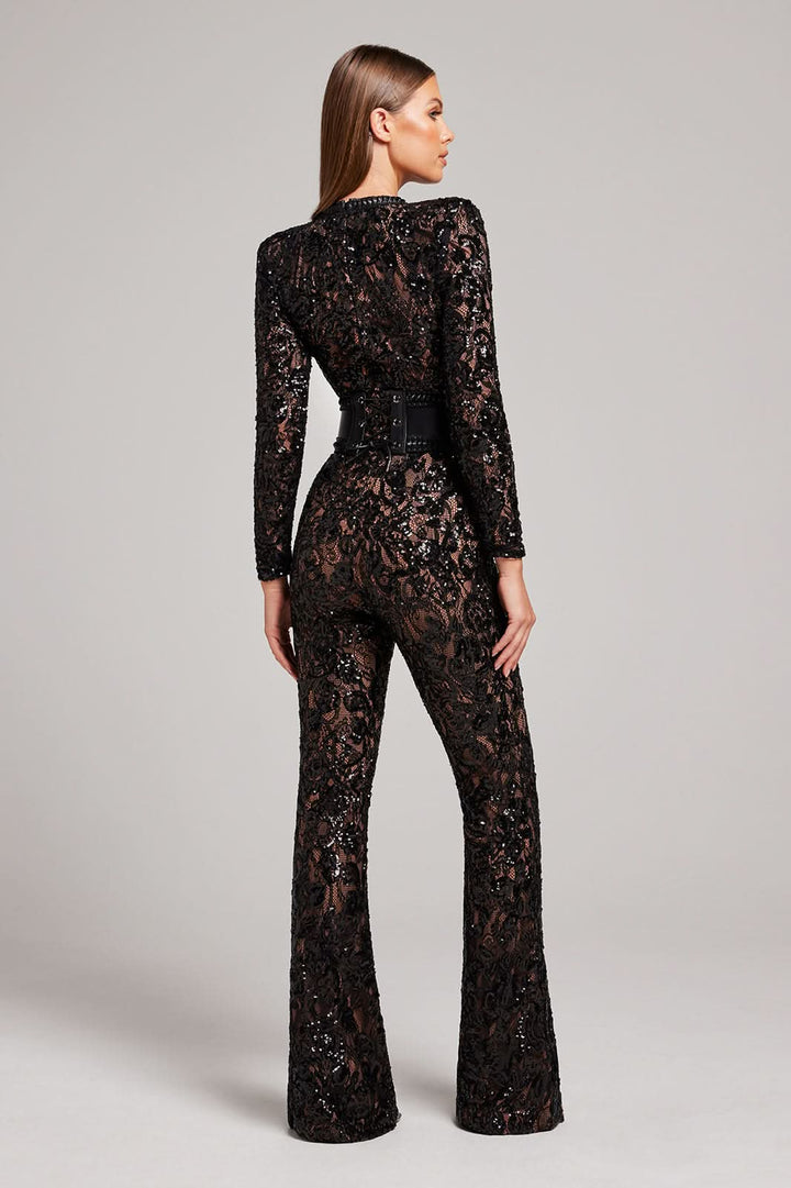 Women's Cocktail Sequin Lace Long Sleeve Wide Leg Jumpsuit