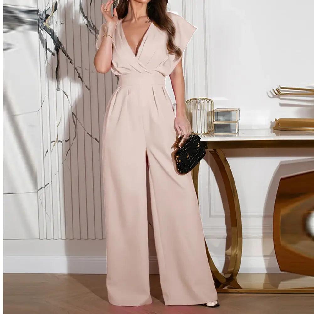 Women's Cocktail Wide Leg V Neck Flutter Sleeve Jumpsuit