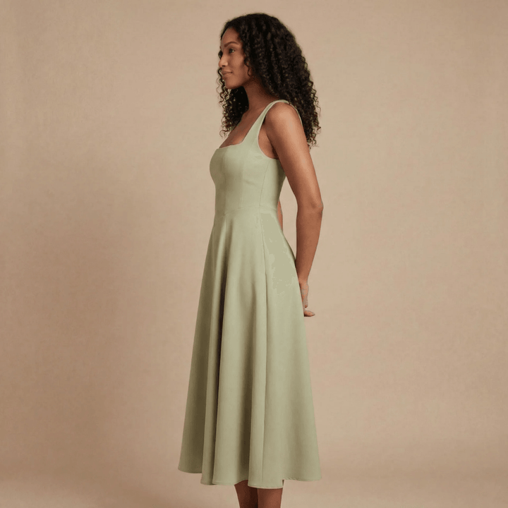 Women's Wedding Guest Square Neck Midi Dress Sleeveless