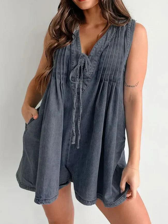 Women's Summer V Neck Sleeveless Denim Romper With Pockets