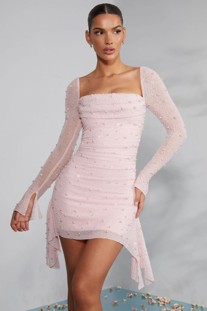 Women's Cocktail Pearl Beaded Square Neck Mini Dress