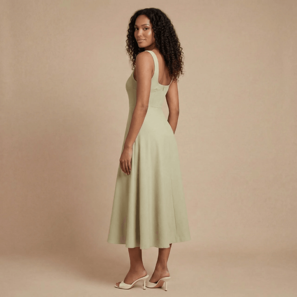 Women's Wedding Guest Square Neck Midi Dress Sleeveless