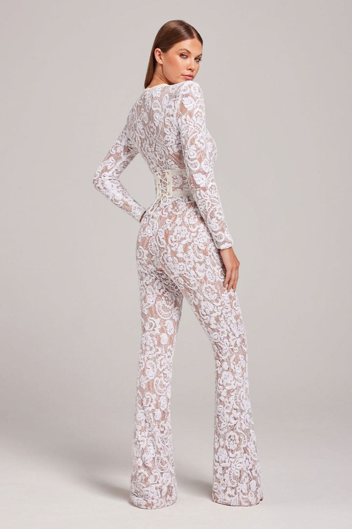 Women's Cocktail Sequin Lace Long Sleeve Wide Leg Jumpsuit
