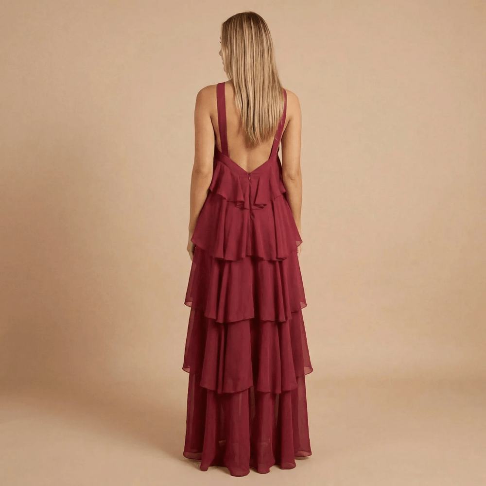 Women's Wedding Guest Halter Tiered Maxi Dress