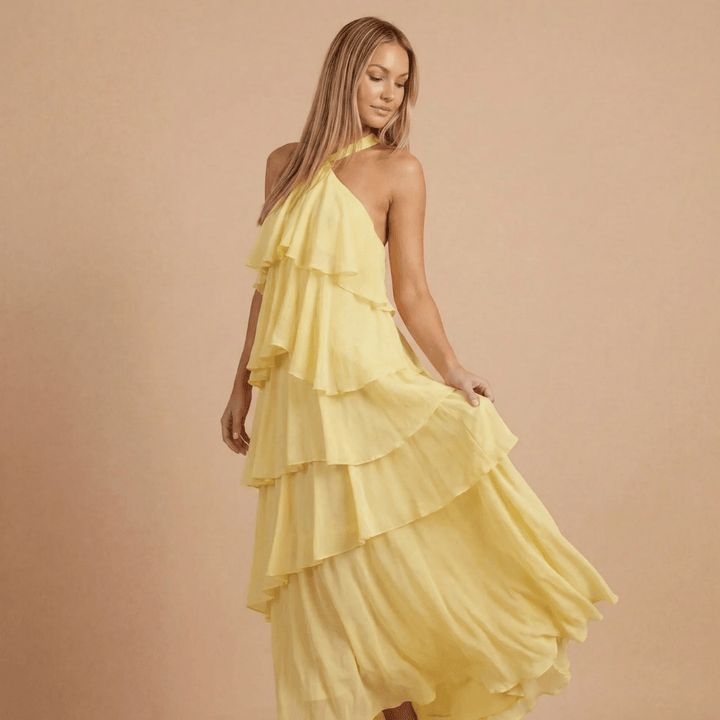 Women's Wedding Guest Halter Tiered Maxi Dress