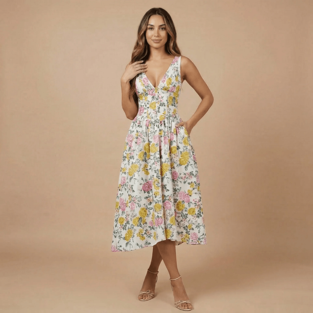 Women's Wedding Guest Floral V Neck Midi Dress
