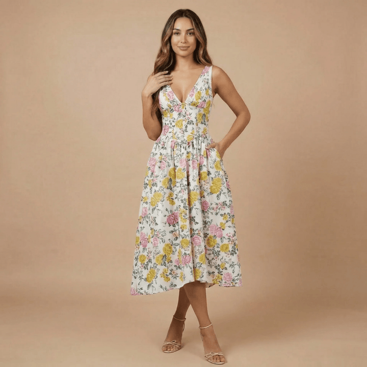 Women's Wedding Guest Floral V Neck Midi Dress