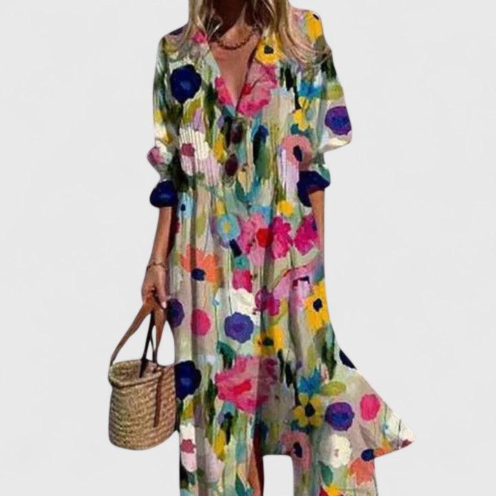 Women's Summer Floral Button Front Maxi Shirt Dress