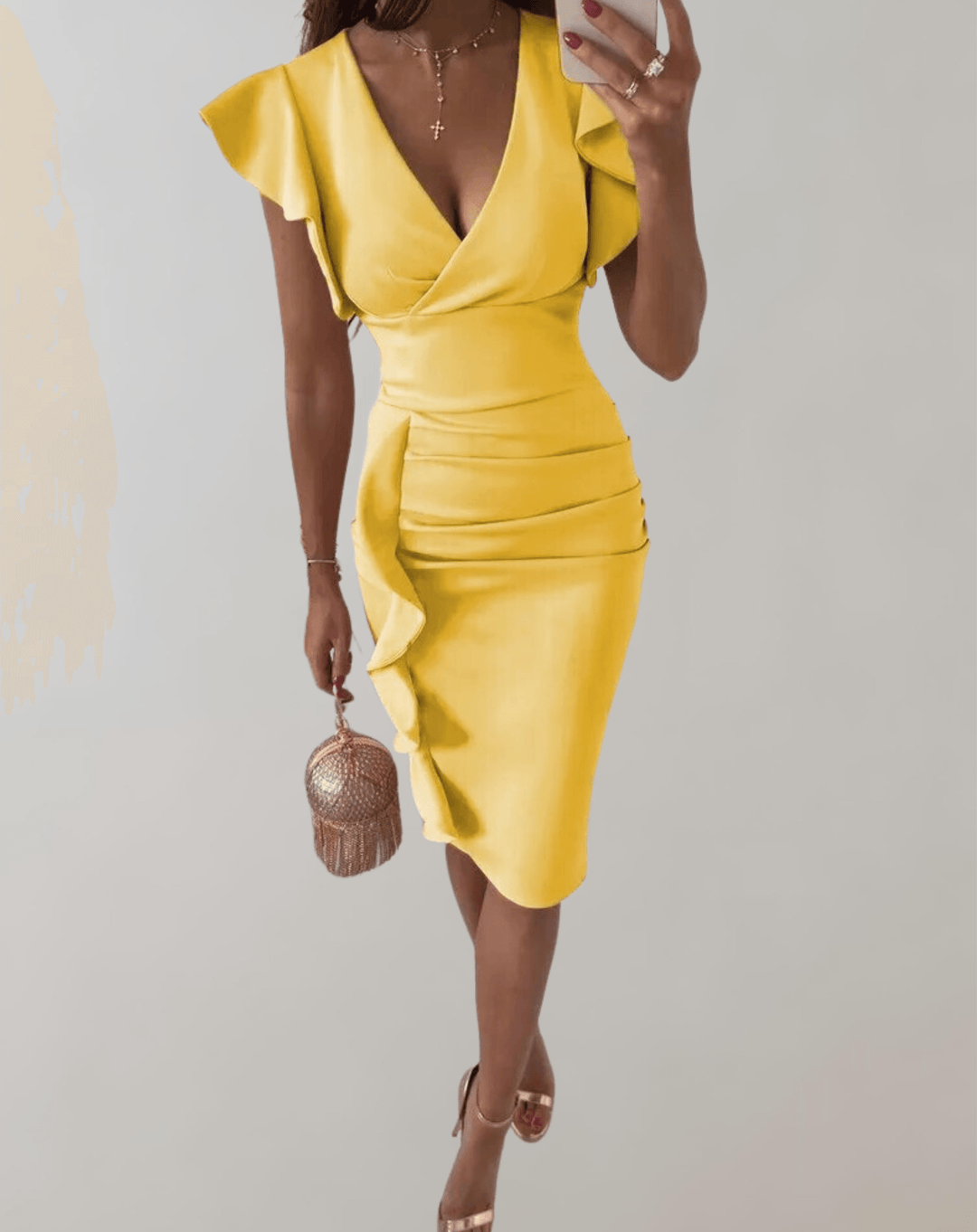 Women's Wedding Guest V Neck Flutter Sleeve Midi Dress