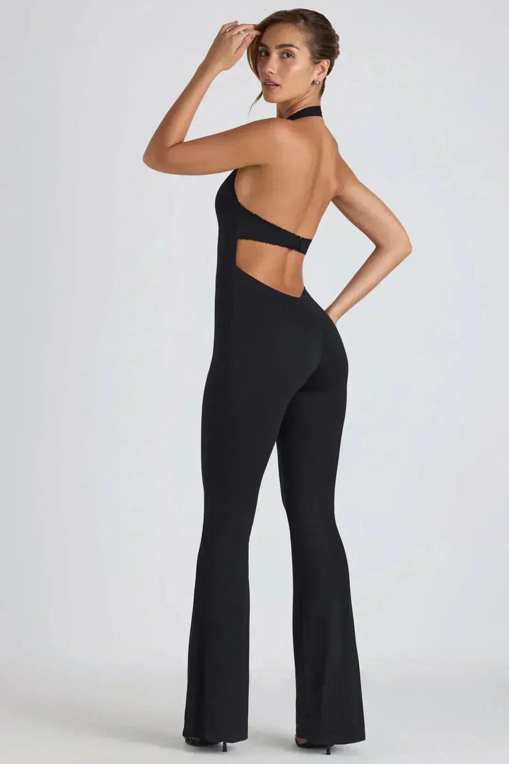 Women's Cocktail Halter V Neck Flared Jumpsuit