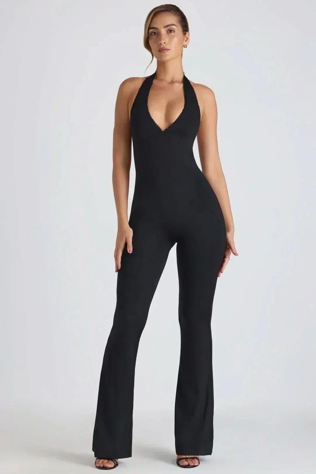Women's Cocktail Halter V Neck Flared Jumpsuit