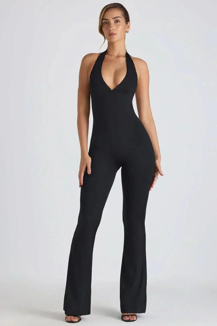 Women's Cocktail Halter V Neck Flared Jumpsuit