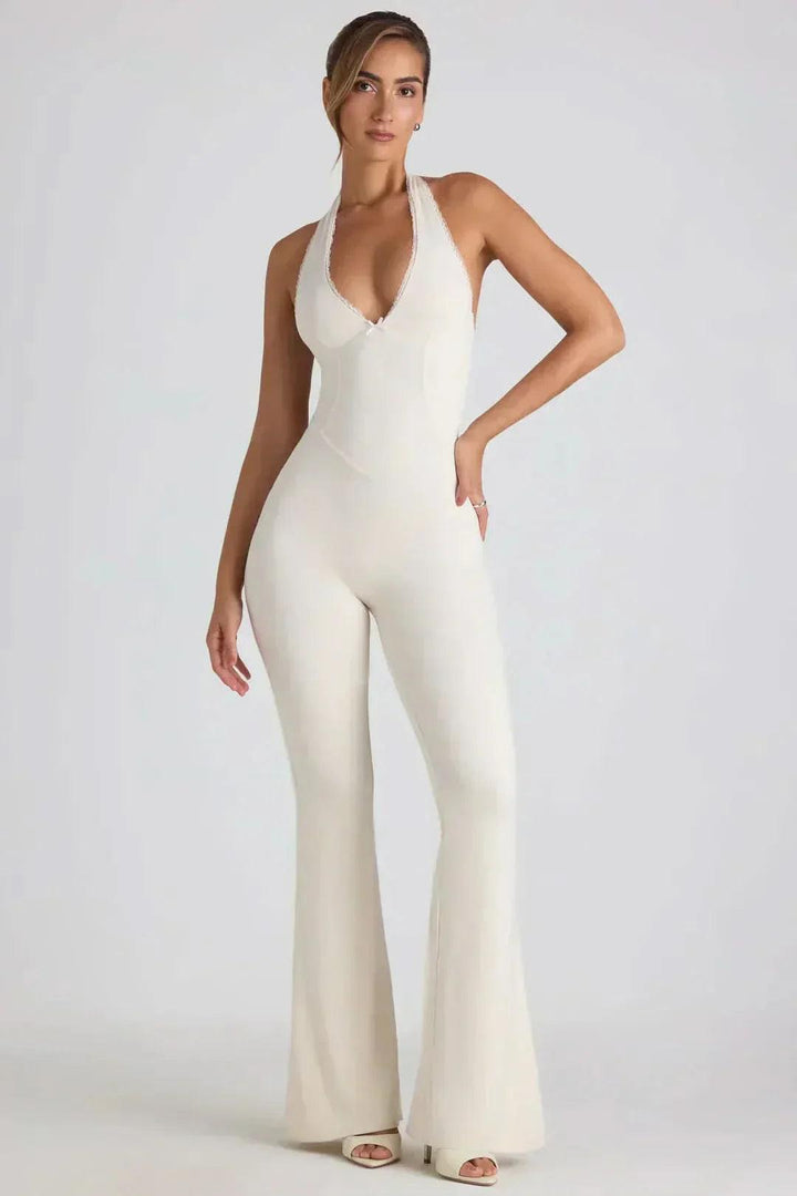 Women's Cocktail Halter V Neck Flared Jumpsuit
