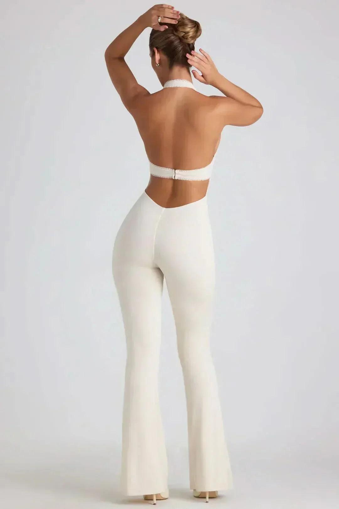 Women's Cocktail Halter V Neck Flared Jumpsuit