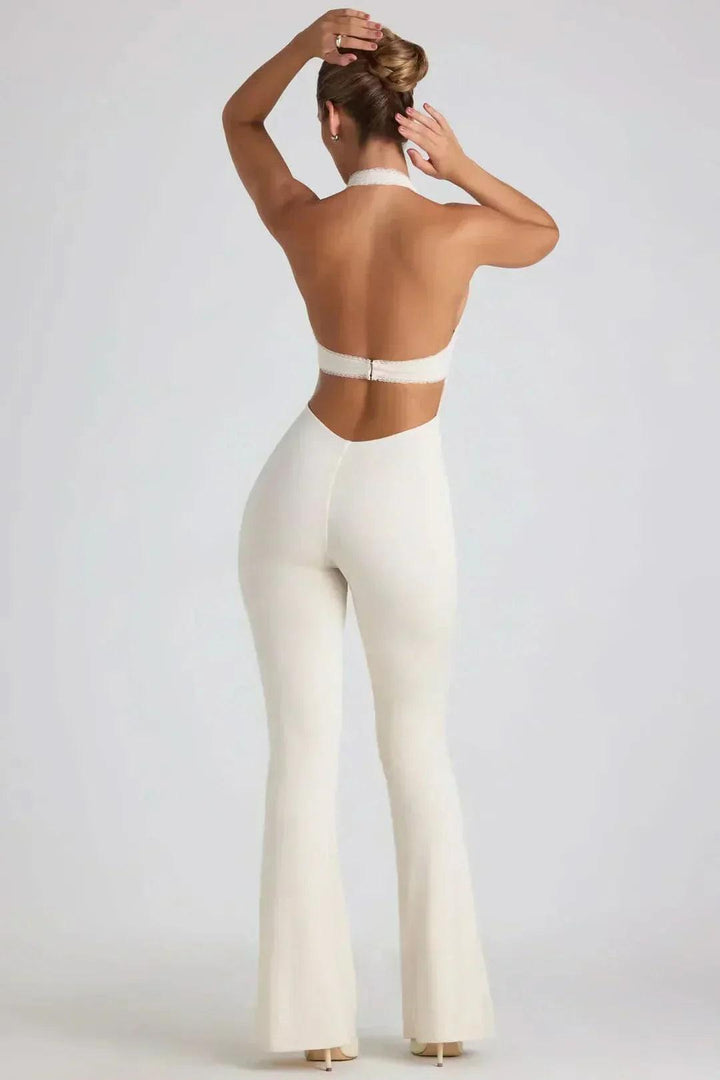 Women's Cocktail Halter V Neck Flared Jumpsuit