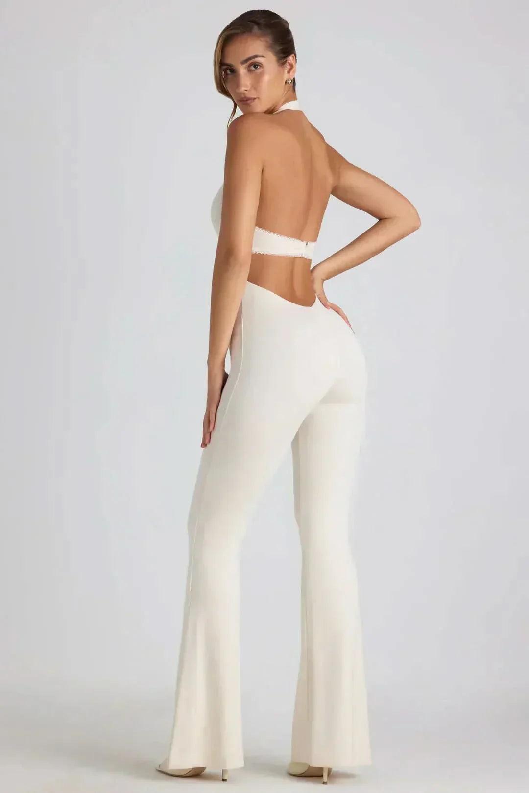 Women's Cocktail Halter V Neck Flared Jumpsuit
