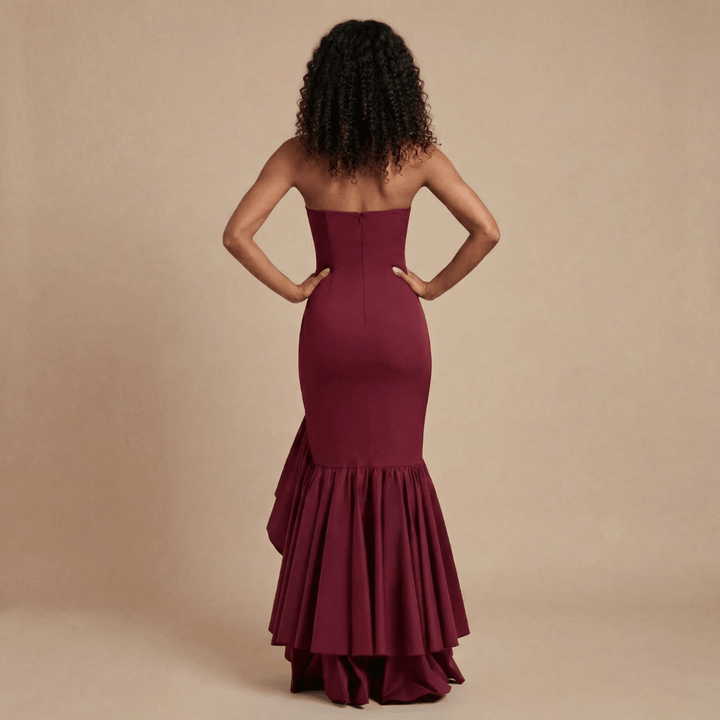 Women's Wedding Guest Strapless Ruffle Slit Maxi Dress