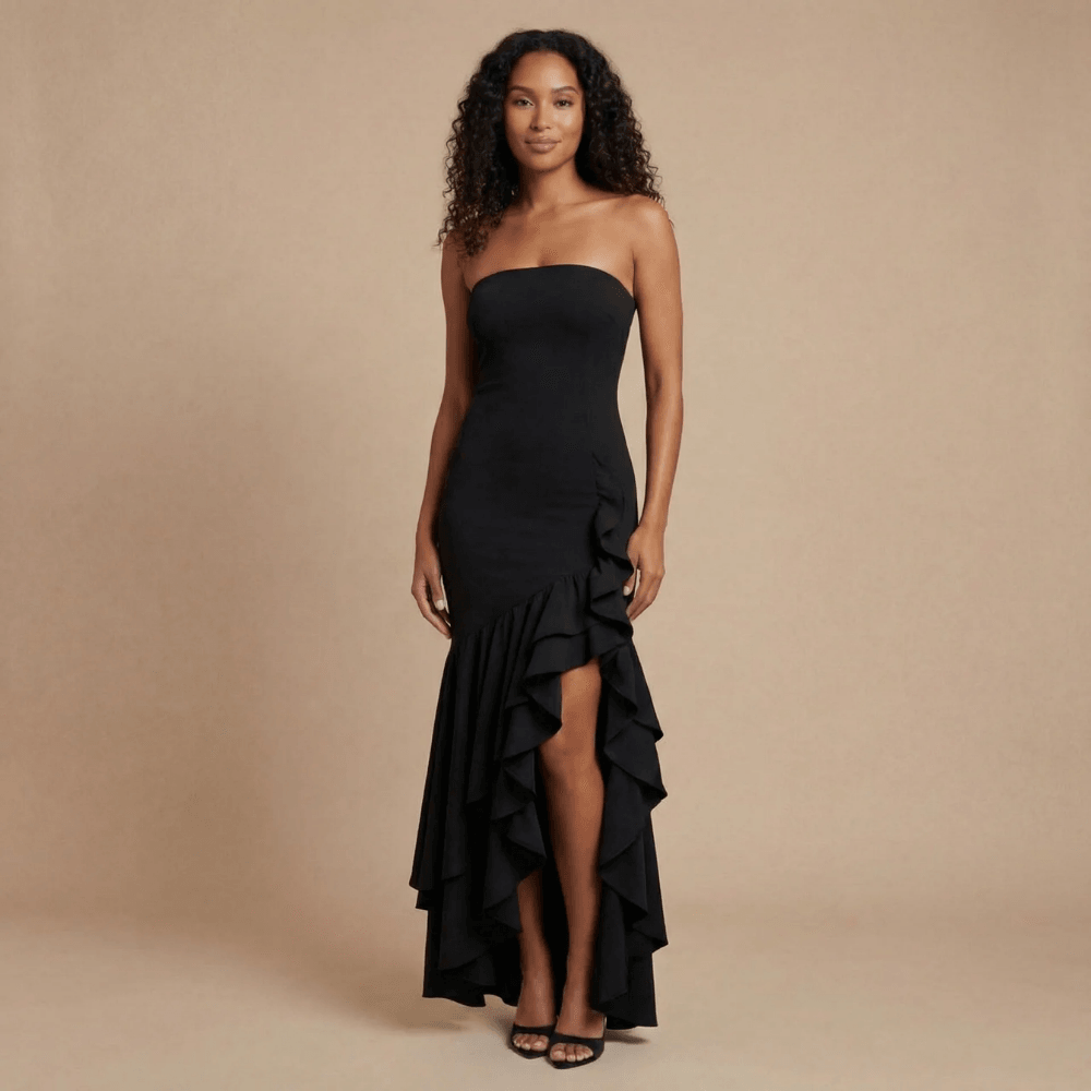 Women's Wedding Guest Strapless Ruffle Slit Maxi Dress