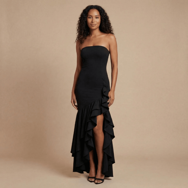 Women's Wedding Guest Strapless Ruffle Slit Maxi Dress