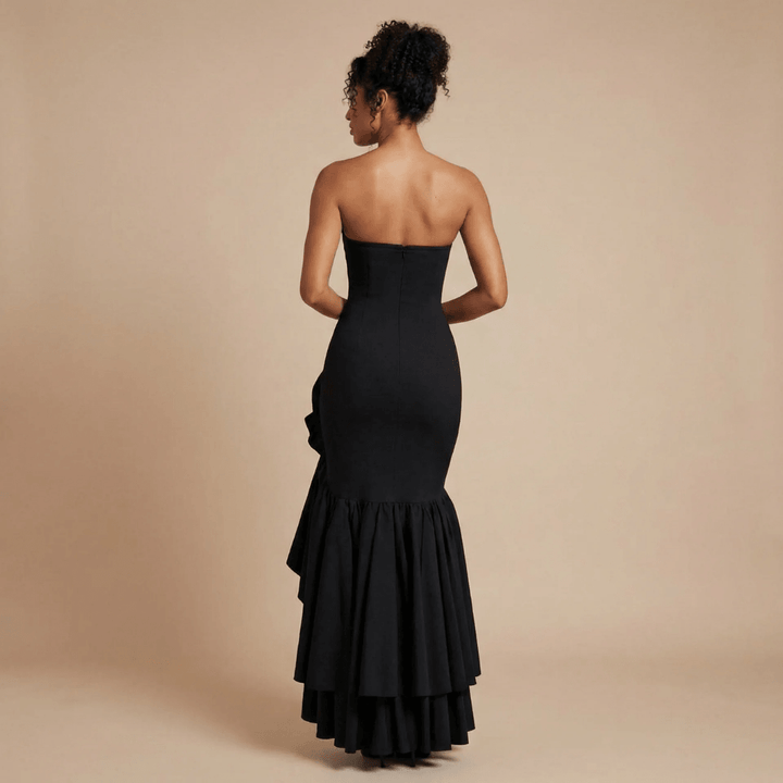 Women's Wedding Guest Strapless Ruffle Slit Maxi Dress