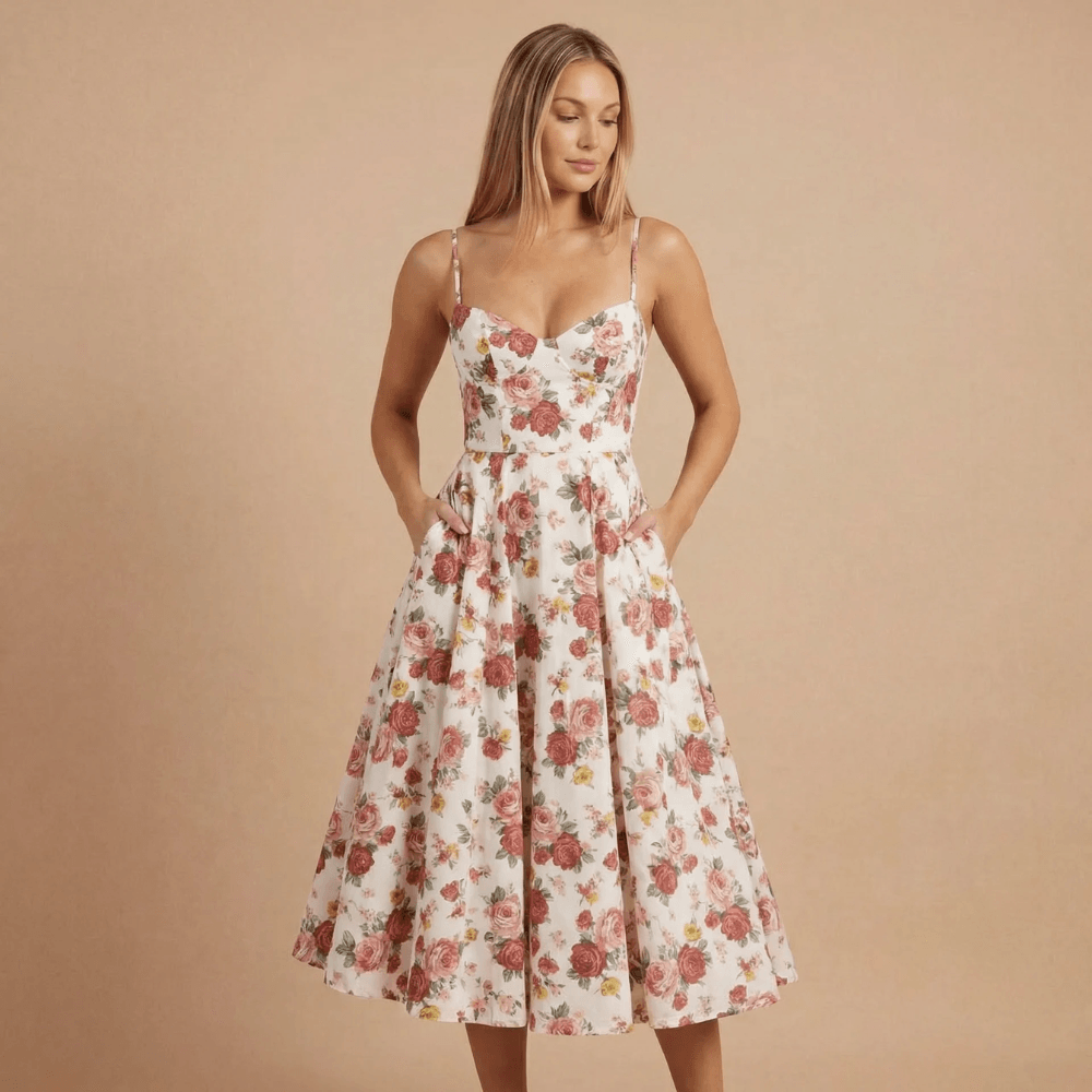 Women's Cocktail Sweetheart Neck Fit and Flare Midi Dress