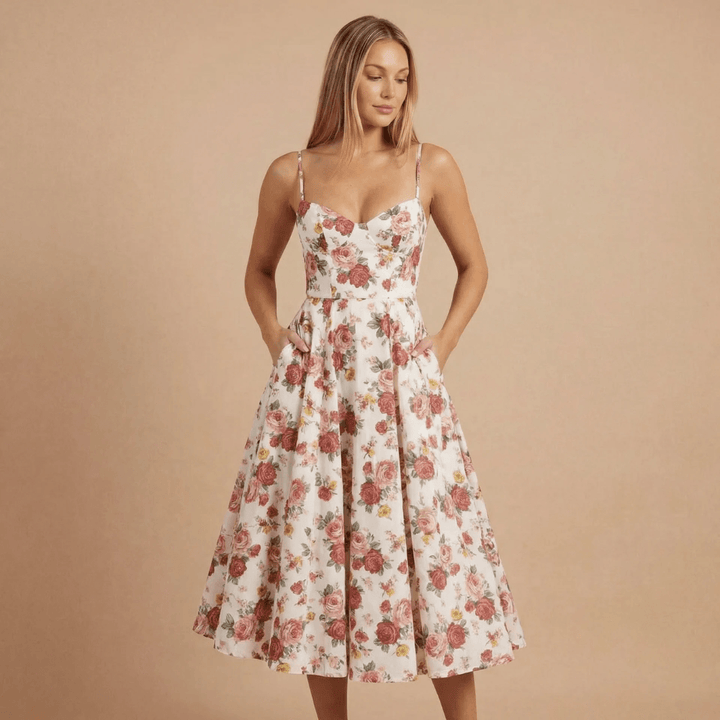 Women's Cocktail Sweetheart Neck Fit and Flare Midi Dress