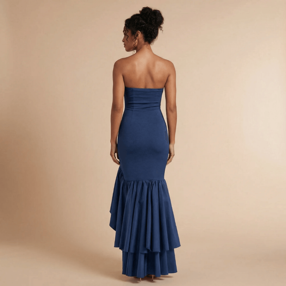 Women's Wedding Guest Strapless Ruffle Slit Maxi Dress