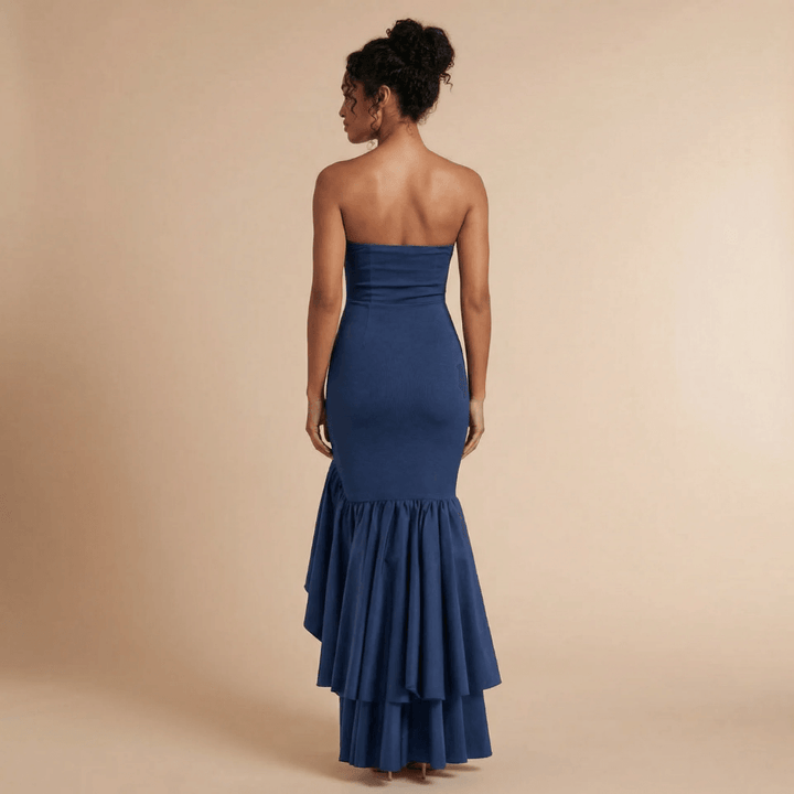 Women's Wedding Guest Strapless Ruffle Slit Maxi Dress