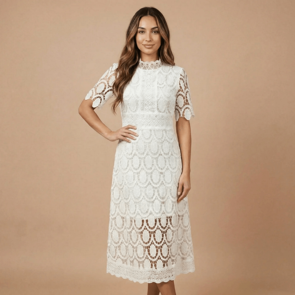 Women's Cocktail Lace Mock Neck Midi Dress
