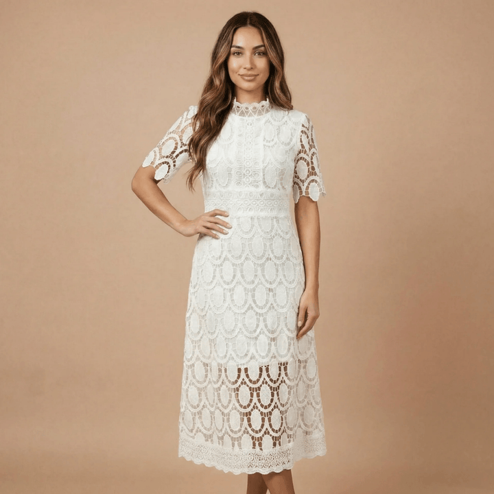 Women's Cocktail Lace Mock Neck Midi Dress
