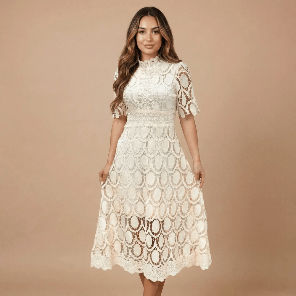 Women's Cocktail Lace Mock Neck Midi Dress
