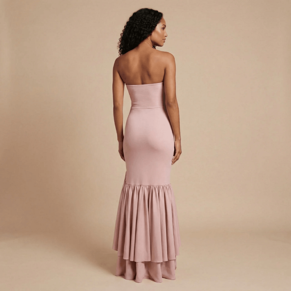 Women's Wedding Guest Strapless Ruffle Slit Maxi Dress