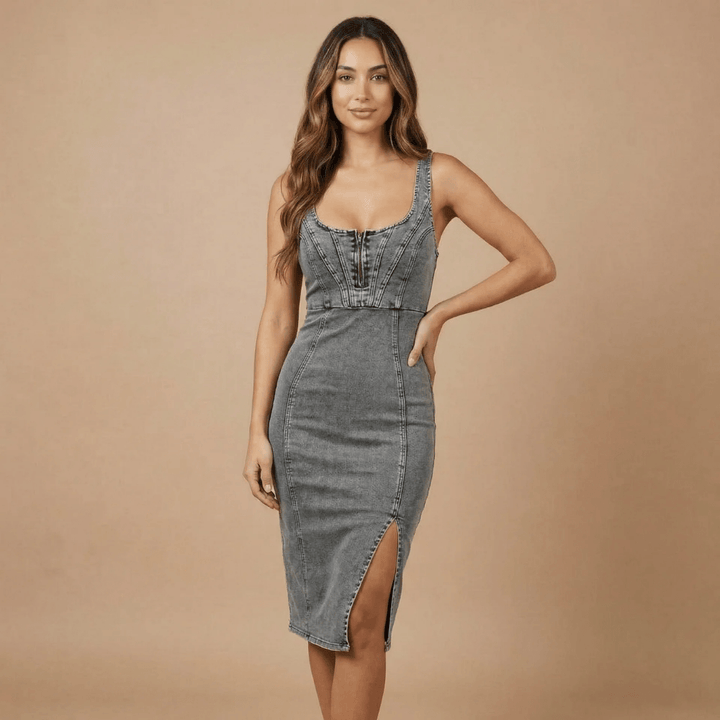Women's Summer Bodycon Scoop Neck Denim Midi Dress