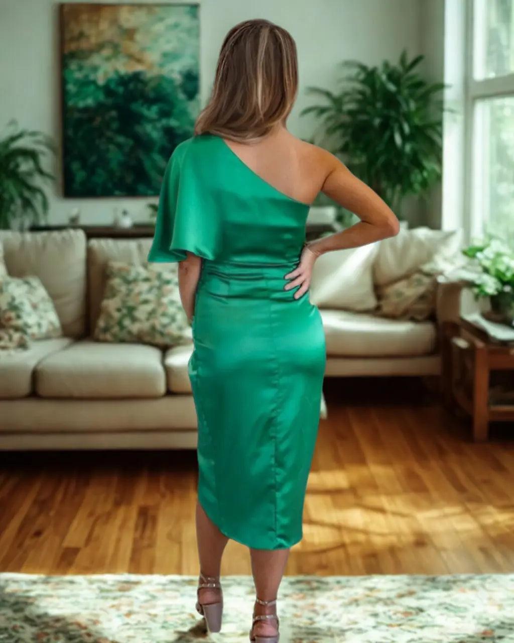 Women's Cocktail One Shoulder Draped Midi Dress With Slit
