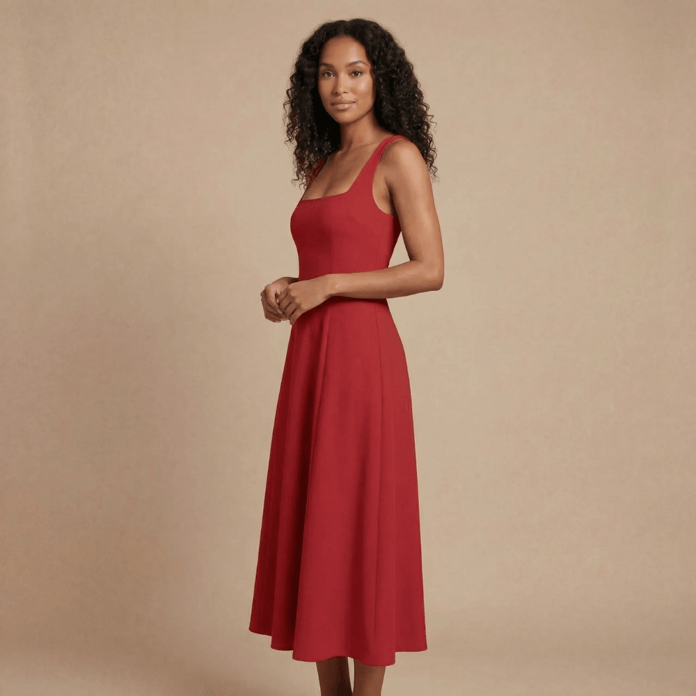 Women's Wedding Guest Square Neck Midi Dress Sleeveless