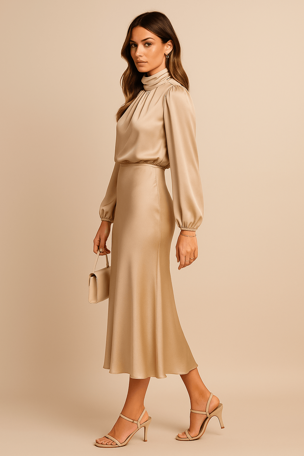 Women's Cocktail Satin High Neck Long Sleeve Midi Dress