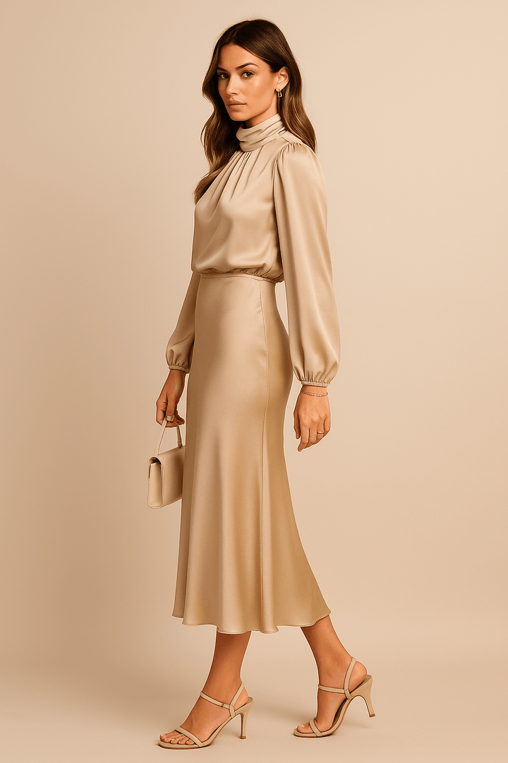 Women's Cocktail Satin High Neck Long Sleeve Midi Dress