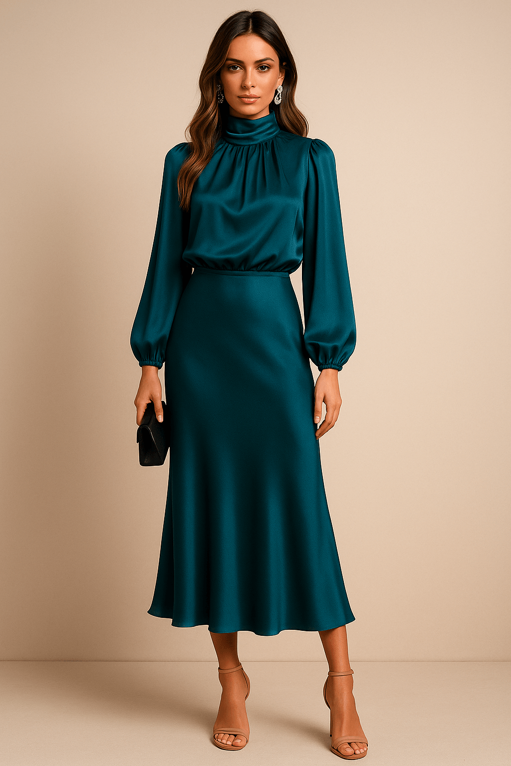 Women's Cocktail Satin High Neck Long Sleeve Midi Dress