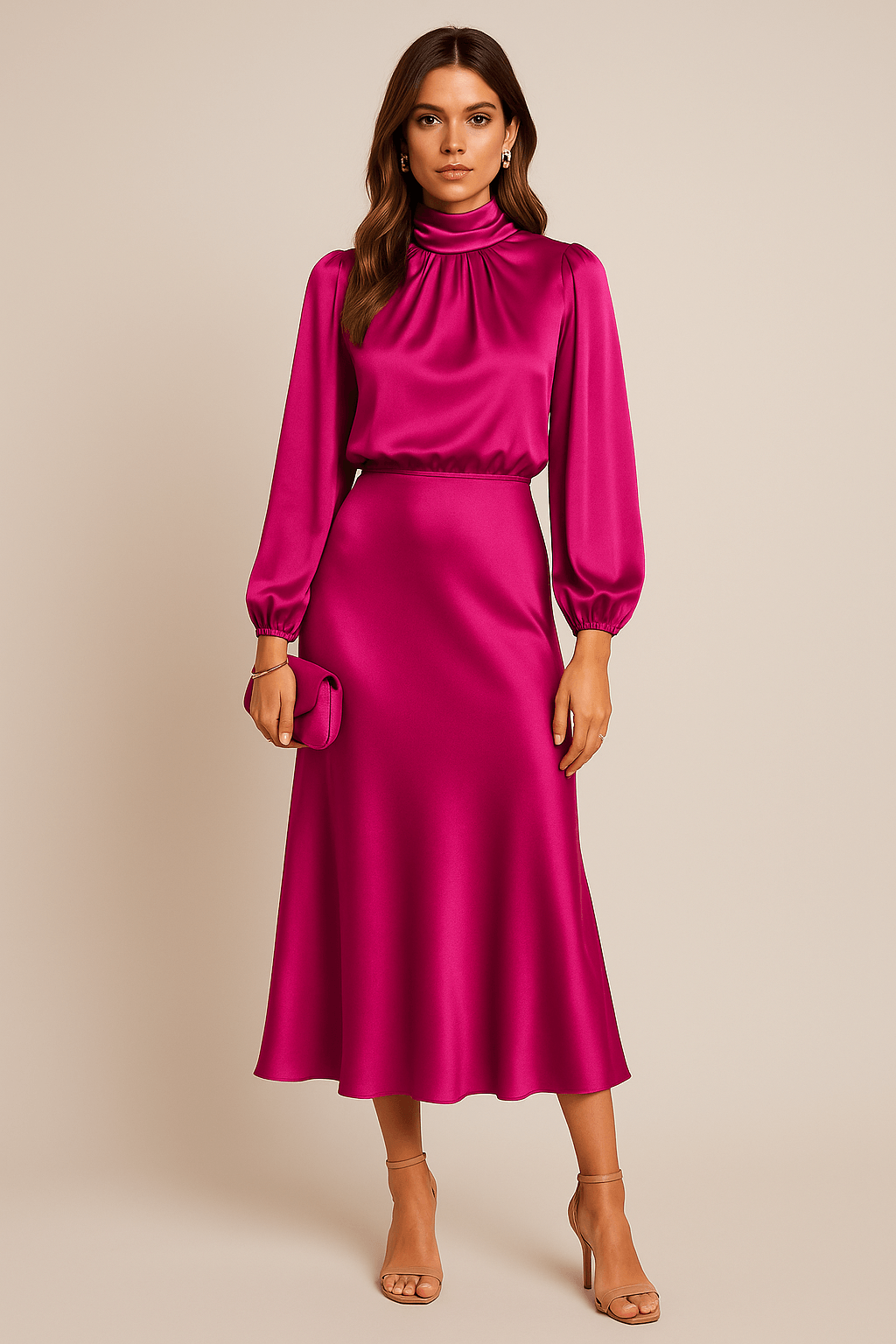 Women's Cocktail Satin High Neck Long Sleeve Midi Dress