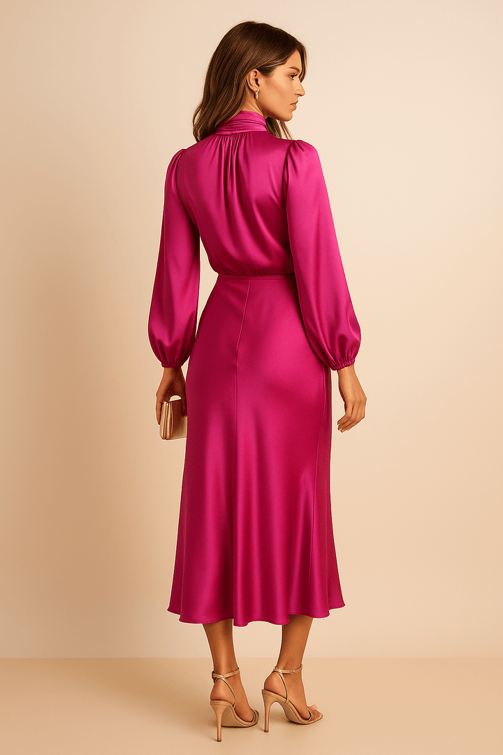 Women's Cocktail Satin High Neck Long Sleeve Midi Dress