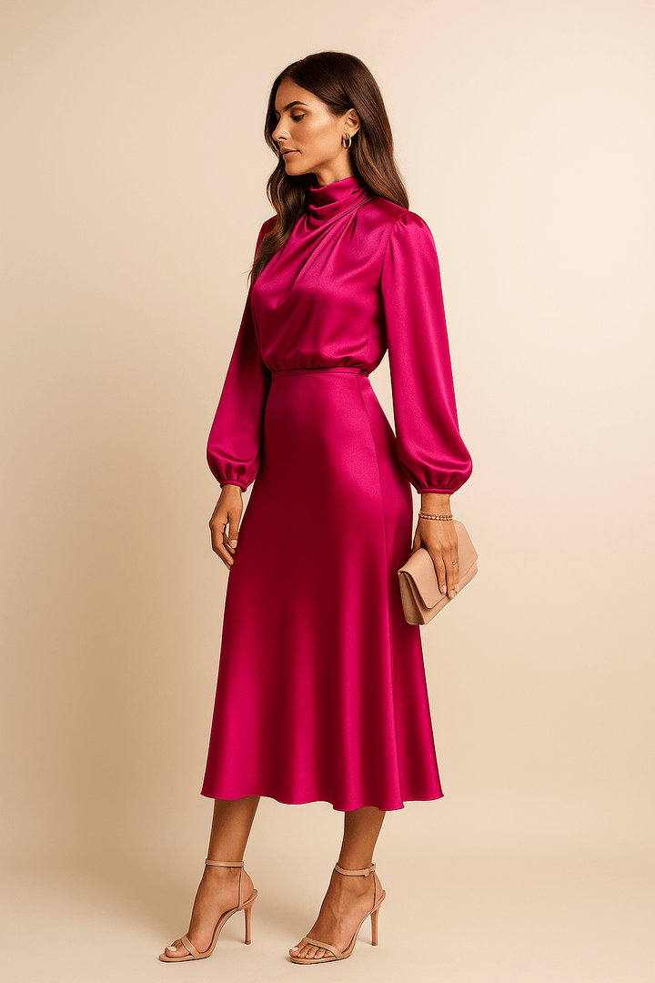 Women's Cocktail Satin High Neck Long Sleeve Midi Dress