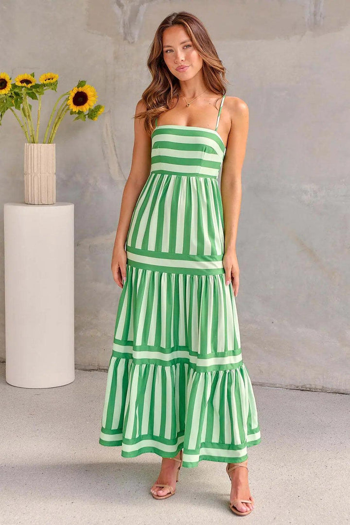 Women's Summer Striped Straight Neck Maxi Dress With Pockets
