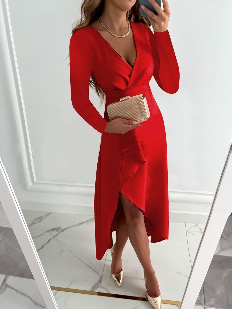 Women's Cocktail V Neck Long Sleeve Midi Wrap Dress