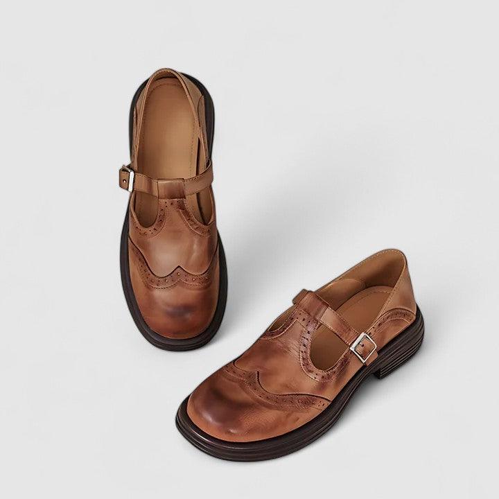 Clara | Women's Brogue Detail T-Strap Leather Shoes