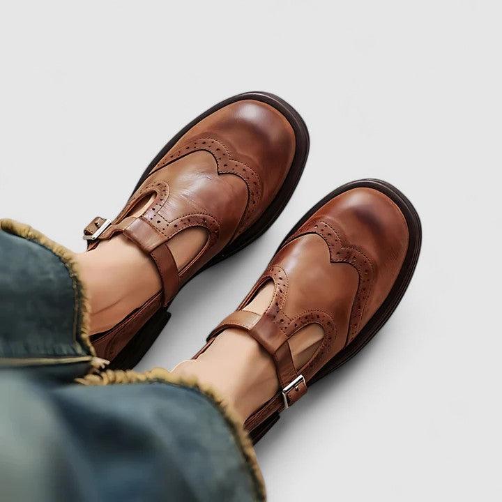 Clara | Women's Brogue Detail T-Strap Leather Shoes