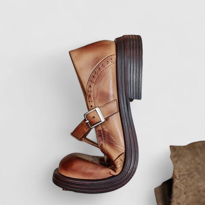 Clara | Women's Brogue Detail T-Strap Leather Shoes