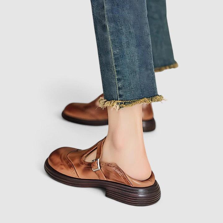 Clara | Women's Brogue Detail T-Strap Leather Shoes